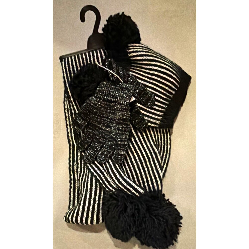 Kids's Black & White Striped Knit 3 piece Hat Set NWT